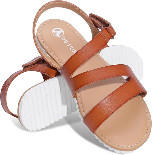 Sandalias de verano para niñas, con puntera abierta, con tiras planas Cafe