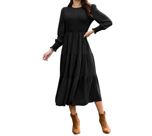 Vestido midi casual de manga larga para mujer Mengpipi, con diseño ahumado y en capas, color negro, talla 8-10.