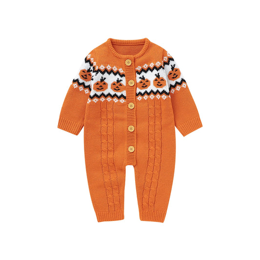 Sunisery Baby Knit Christmas Suéter Mamelucos Halloween Calabaza Impreso Botón Manga Larga